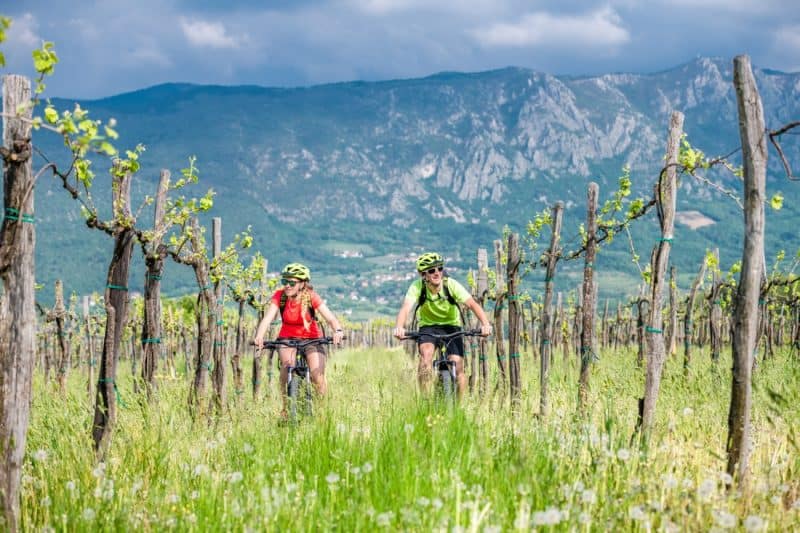 Mlad par kolesari z električnimi kolesi po Vipavski dolini