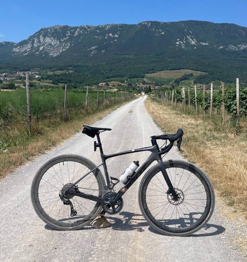 RockVelo rental road bike on gravel